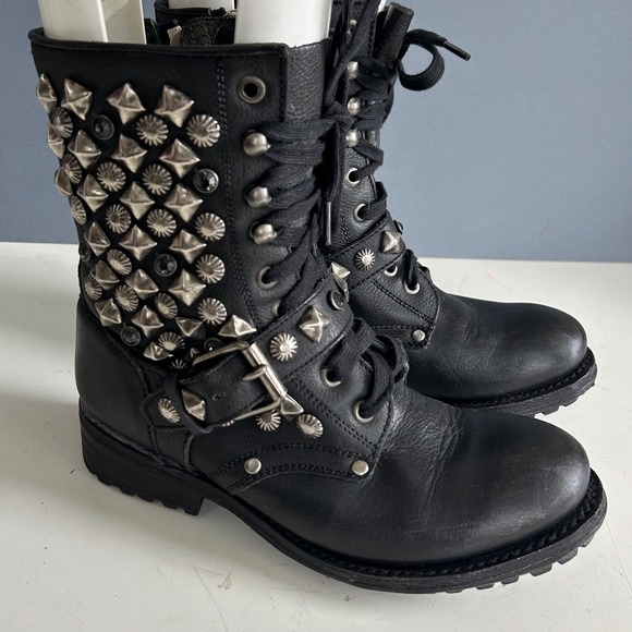 Ash Shoes - Ash Combat Boots women's size 37.5 / 7.5  Black Leather Studded Buckle Moto Punk